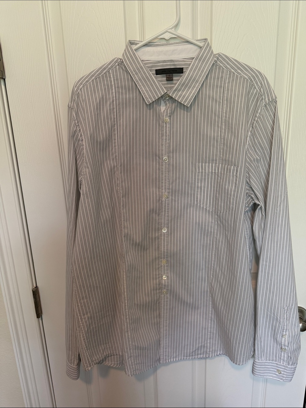 John Varvatos Men's Light Gray and White Pinstripe Dress Shirt